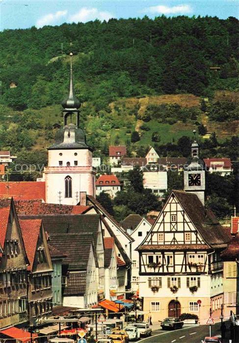 Kuenzelsau Obere Stadt Hauptstrasse Rathaus und ev. Kirche