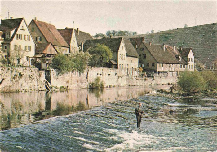 Dilsberg Neckar Neckargemuend Heidelberg BW Partie am Wehr Blick zur Altstadt