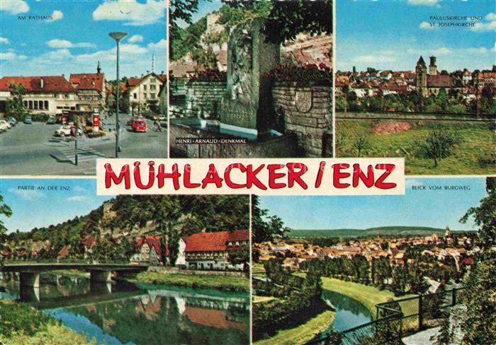 Muehlacker Stadtzentrum Rathaus Henri-Arnaud-Denkmal Kirchen Partie an der Enz B