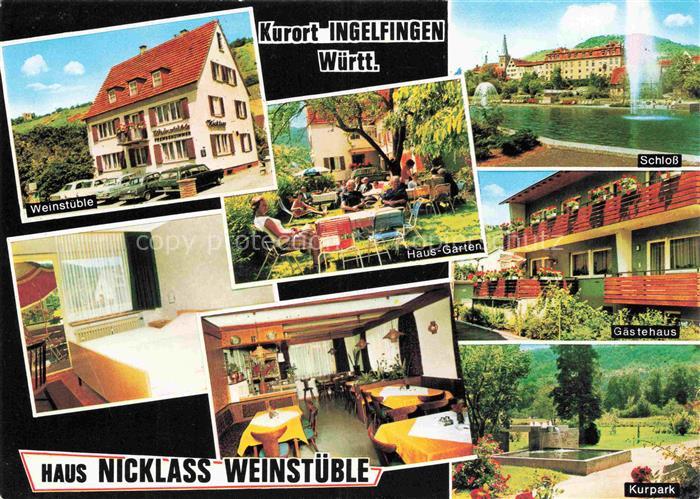 Ingelfingen Weinstueble Garten Gastraum Gaestehaus Kurpark Blick zum Schloss