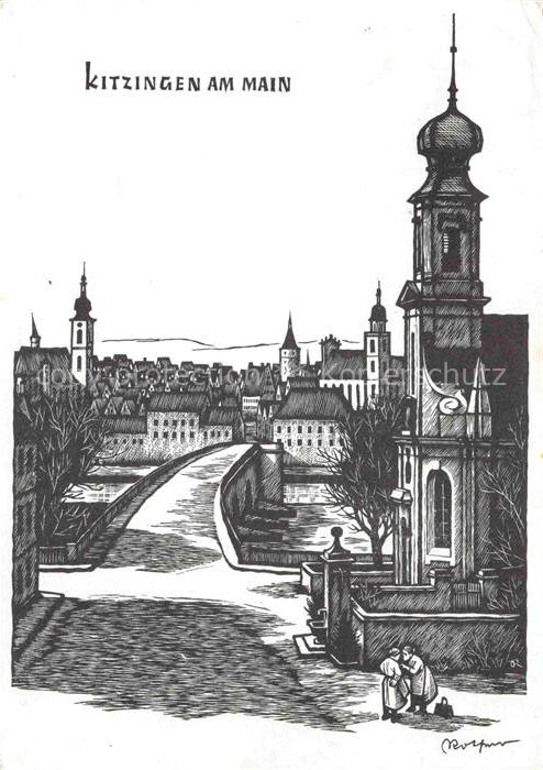 Kitzingen Main Blick ueber die Alte Mainbruecke auf die Stadt Holzschnitt