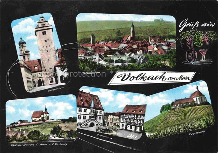 Volkach Diebenenturm Wallfahrtskirche St Maria auf dem Kirchberg Panorama Rathau