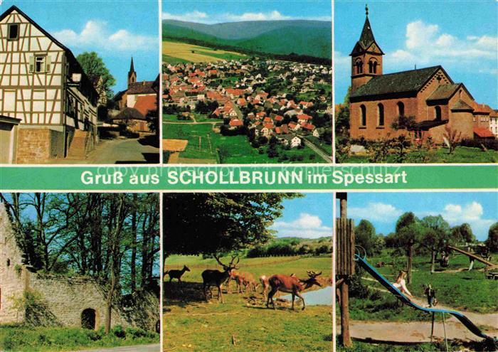 Schollbrunn Spessart Bayern Gaststaette Nickelsmuehle Panorama Kirche Ruine Wild