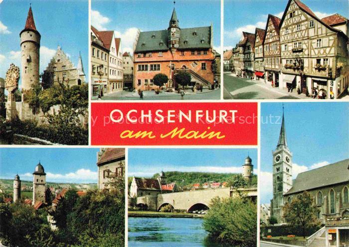 Ochsenfurt Main Schlossturm Rathaus Fachwerkhaeuser Mainbruecke Kirche