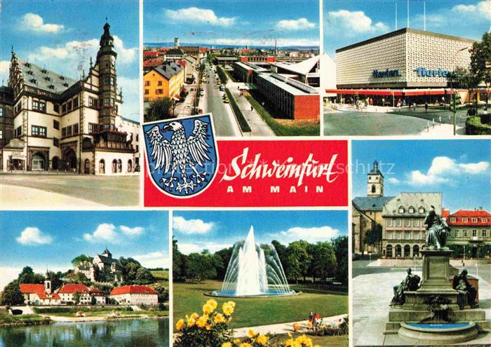 SCHWEINFURT Main Rathaus Panorama Kaufhaus Horten Mainpartie Parkfontaene Monume