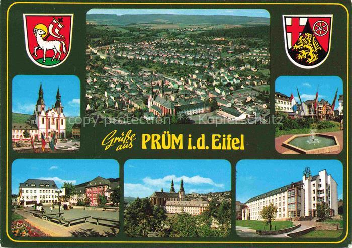 Pruem Eifel Rheinland-Pfalz Fliegeraufnahme Kirche Brunnen Park Teilansichten