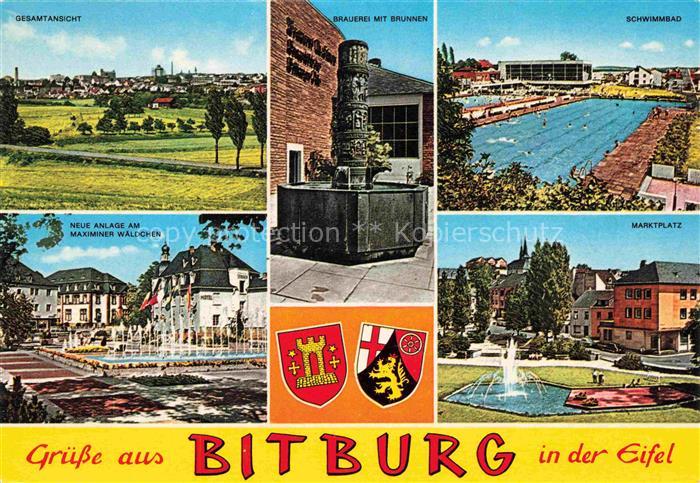 Bitburg Panorama Brauerei mit Brunnen Schwimmbad Neue Anlage Marktplatz