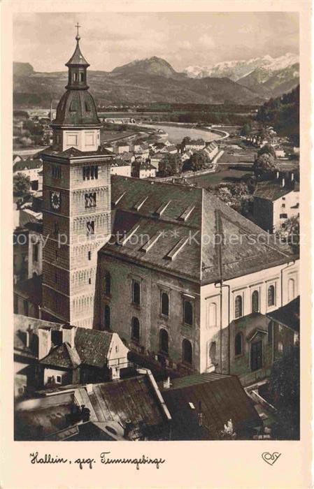 Hallein AT Kirche Panorama Blick gegen Tennengebirge