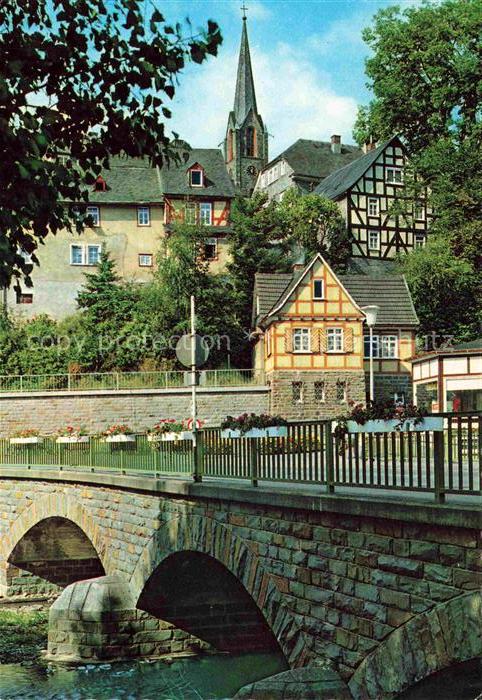 Bad Berleburg NRW Bruecke Blick zur Altstadt mit Kirche