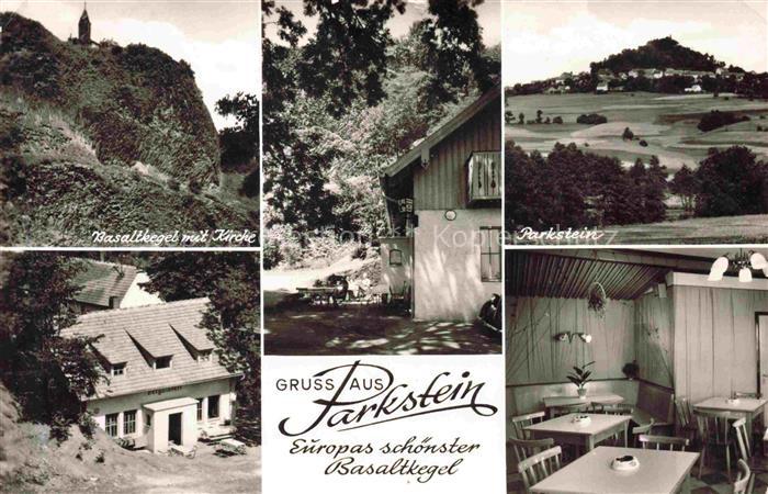 Parkstein Neustadt Waldnaab Bayern Gasthof Bergstueberl Basaltkegel mit Kirche P