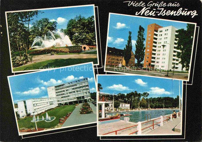 Neu-Isenburg Offenbach Hessen Park Brunnen Rathaus Hochhaeuser Freibad