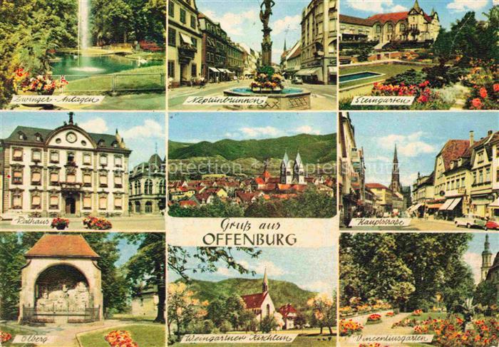 OFFENBURG Offenbourg Zwinger-Anlagen Neptunbrunnen Steingarten Rathaus Panorama