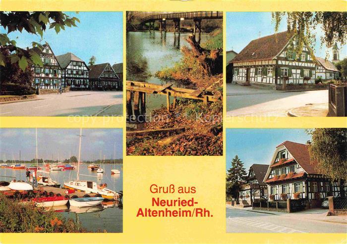 Altenheim Neuried Partie im Ortszentrum Fachwerkhaeuser Hafen Uferpartie am Rhei