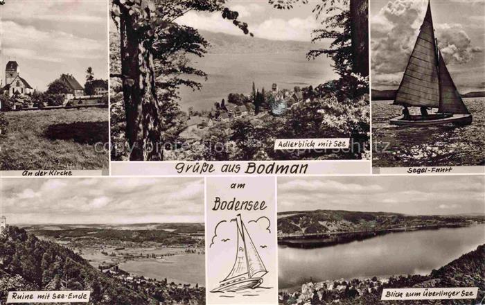 Bodman-Ludwigshafen Bodensee Kirche Adlerblick mit See Ruine mit See Ende ueberl