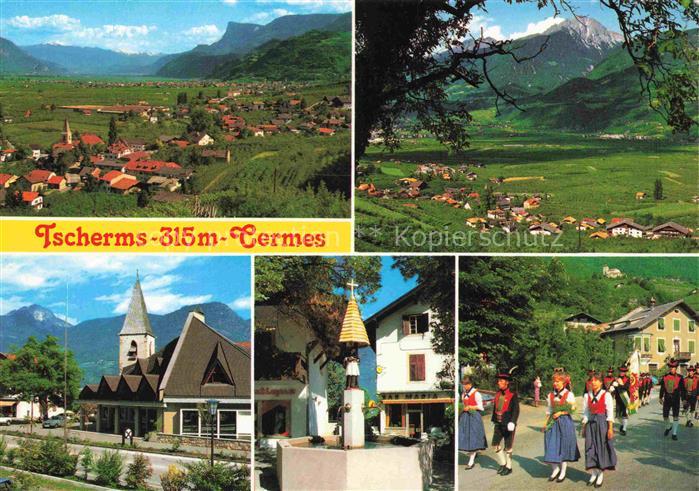 Tscherms MERANO Suedtirol IT Panorama Kirche Brunen Trachtenumzug
