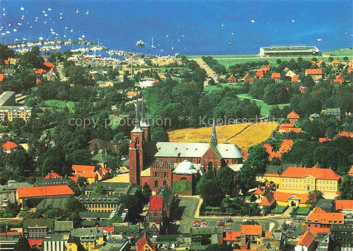 Roskilde DK Aerial view of the city with cathedral and Viking Ship Museum