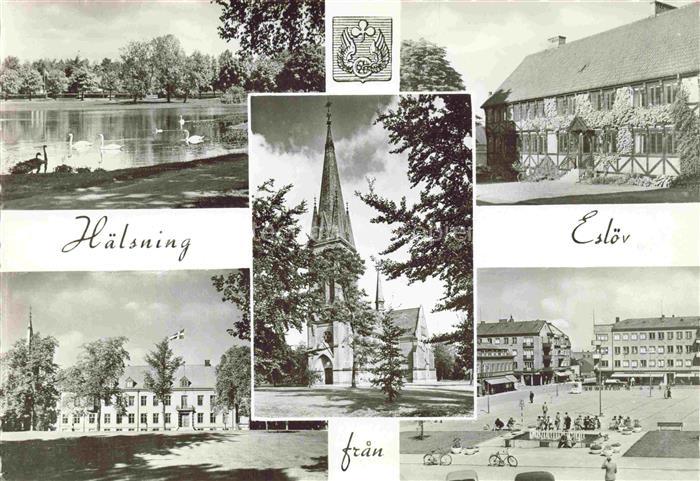 Esloev Sweden Teilansichten Kirche Partie am Wasser Platz im Zentrum