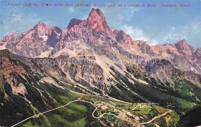 Vezzana 3191m Dolomiti Trento IT Cimon della Pala Rosetta e strada di Rolle
