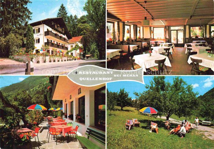 Saltaus MERANO Suedtirol IT Restaurant Quellenhof Gastraum Terrasse Liegewiese