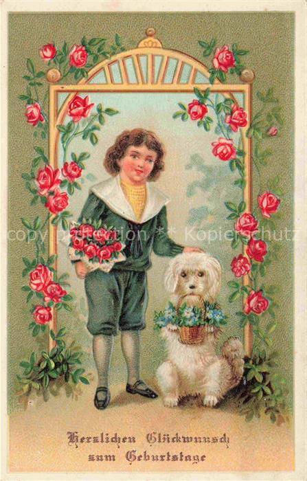 Geburtstag Birthday Anniversaire Kind Hund Blumen Litho