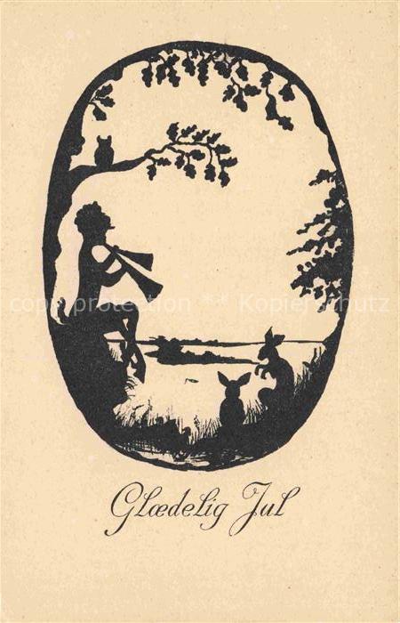 Scherenschnitt-AK Schattenbildkarte Shadowbolt Gloedelig jul Eule Hase