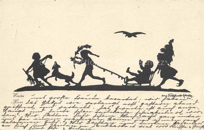 Scherenschnitt-AK Schattenbildkarte Shadowbolt Winter Kinder Hund