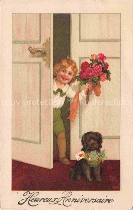Geburtstag Birthday Anniversaire Kind Hund Blumen