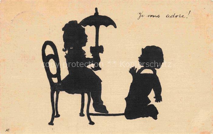 Scherenschnitt-AK Schattenbildkarte Shadowbolt Kinder Schirm