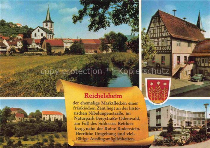 Reichelsheim Odenwald Teilansicht mit Kirche Partie bam Bach Schloss Reichenberg
