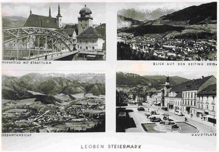 Leoben Steiermark AT Murbruecke mit Stadtturm Reitingblick Panorama Hauptplatz