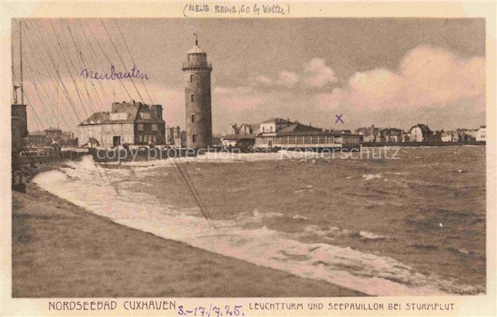 CUXHAVEN Nordseebad Leuchtturm und Seepavillon bei Sturmflut