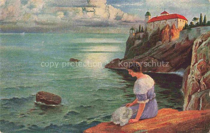 Daenische Kunst Kuenstlerkarte Am Meer B. Schoeneberg Frau