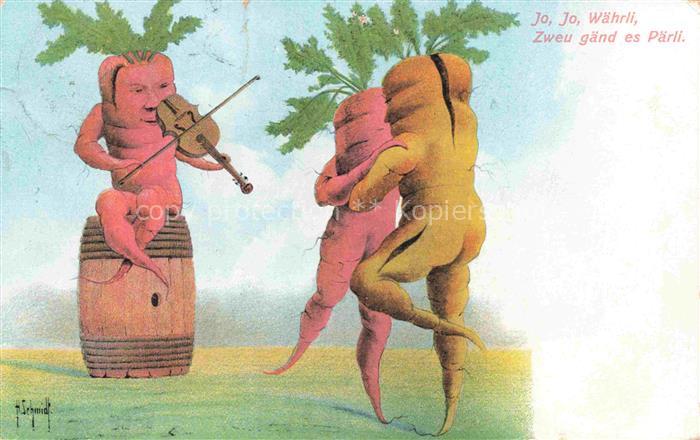 SCHMIDT H. Schweiz Kuenstlerkarte Karotten Moehren Violine Litho