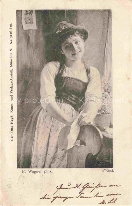 WAGNER P. Kuenstlerkarte s'Rosl Maedchen Murten Schweiz