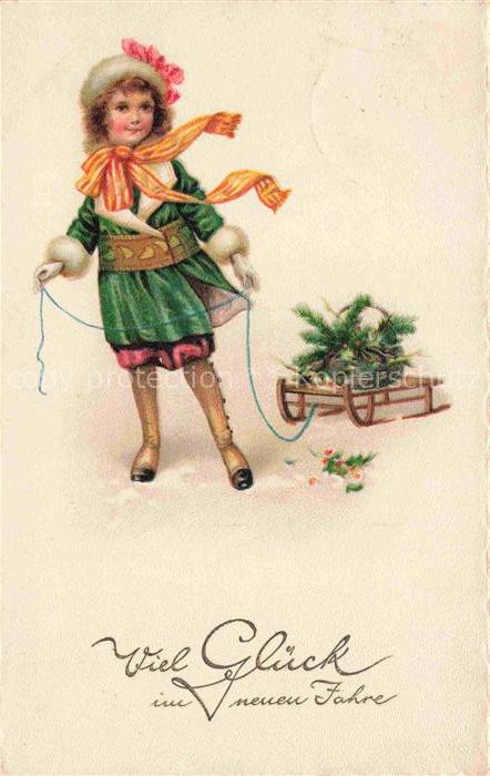Neujahr Annee New Year Maedchen Schlitten