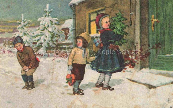 Weihnachten Christmas X-Mas Noel Kinder Schnee Geschenke Litho