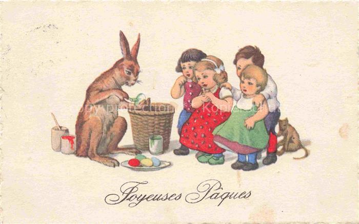 Ostern Easter Paques Pasqua-- Hase Kinder Katze Litho