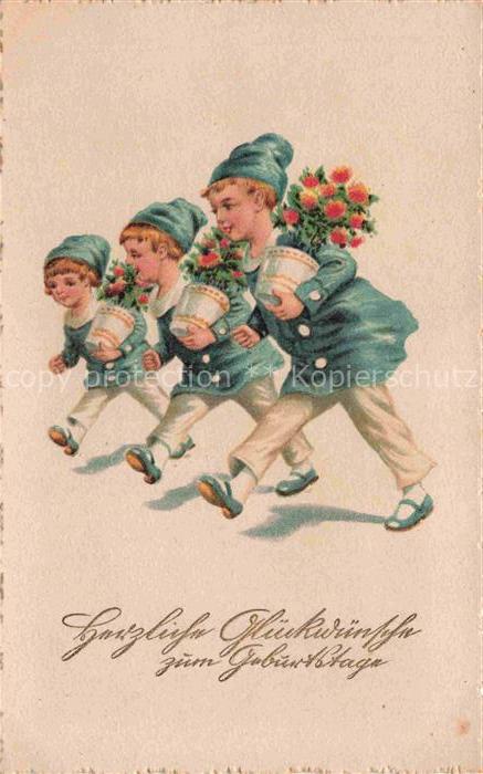 Geburtstag Birthday Anniversaire Kinder Blumen Vase Litho