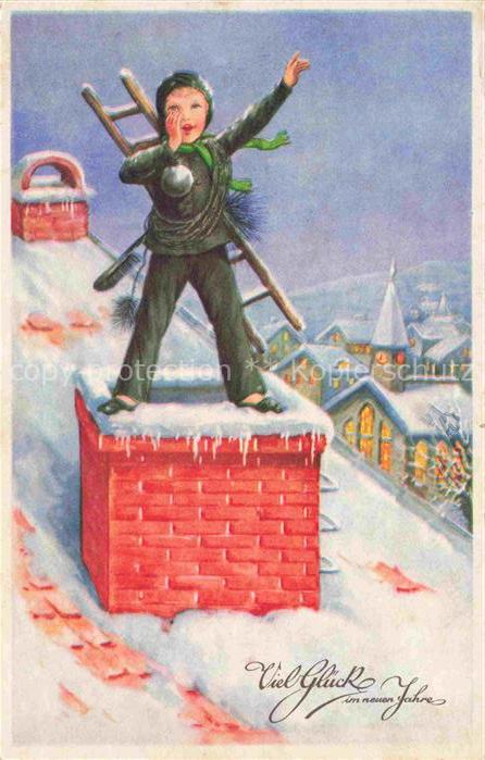 Neujahr Annee New Year Kind Schornstein Schnee Leiter