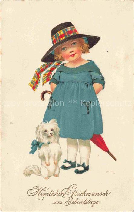 Geburtstag Birthday Anniversaire Maedchen Hund Regenschirm Hut