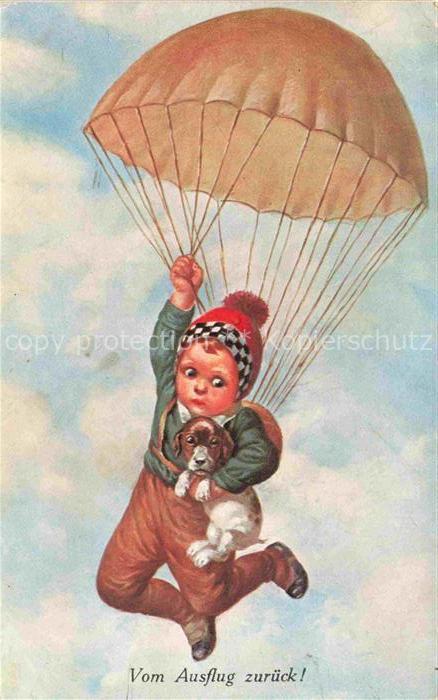 Fallschirmspringen Skydiving Parachuting Paracadutismo-- Kind Hund Litho