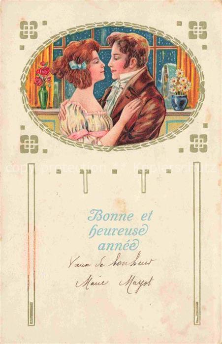 Neujahr Annee New Year Litho Frau Mann Vase Blumen