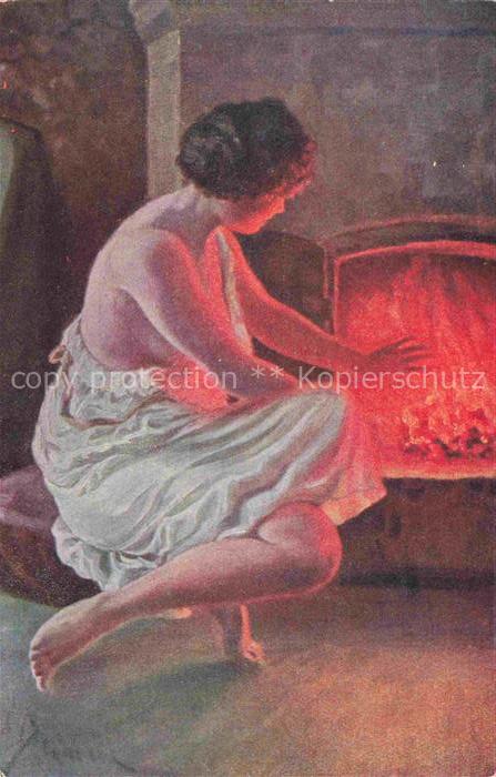 DAMM A. G. Kuenstlerkarte kamin Frau Waerme