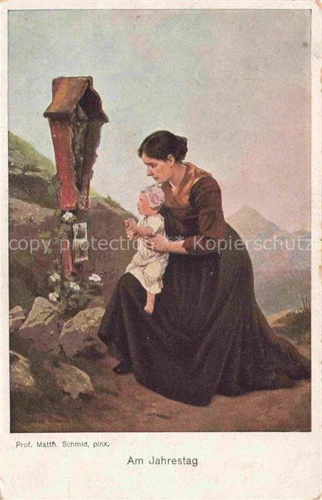 SCHMID Matth. Kuenstlerkarte am Jahrestag Grabe Frau Kind Litho