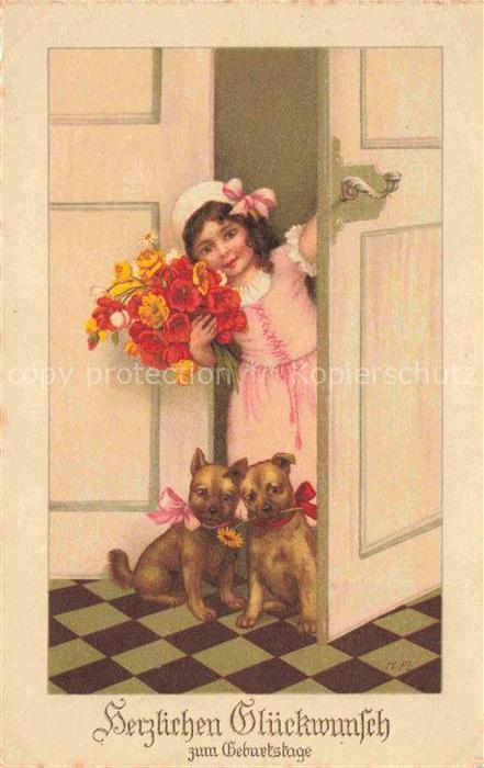 Geburtstag Birthday Anniversaire Hunde Maedchen Rosen