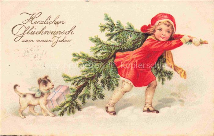 Neujahr Annee New Year Maedchen Weihnachtsbaum Hund Geschenk