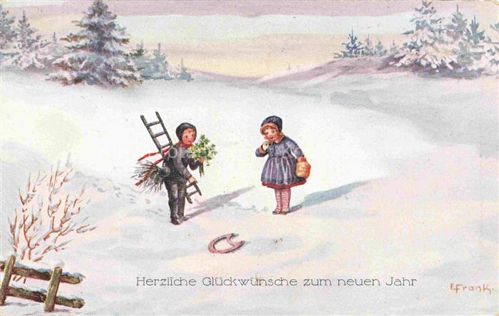 FRANK E. Kuenstlerkarte Neujahr Nouvelle Annee Kinder Schnee