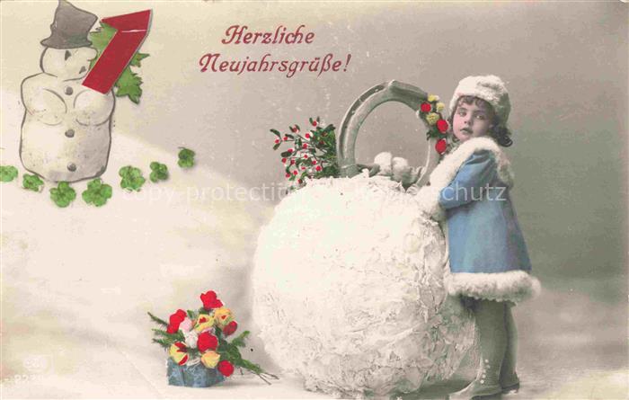 Neujahr Annee New Year Maedchen Schneemann Hufeisen