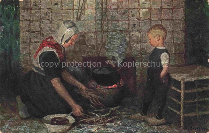 BREssLER R. Kuenstlerkarte am Herdfeuer Kind Frau