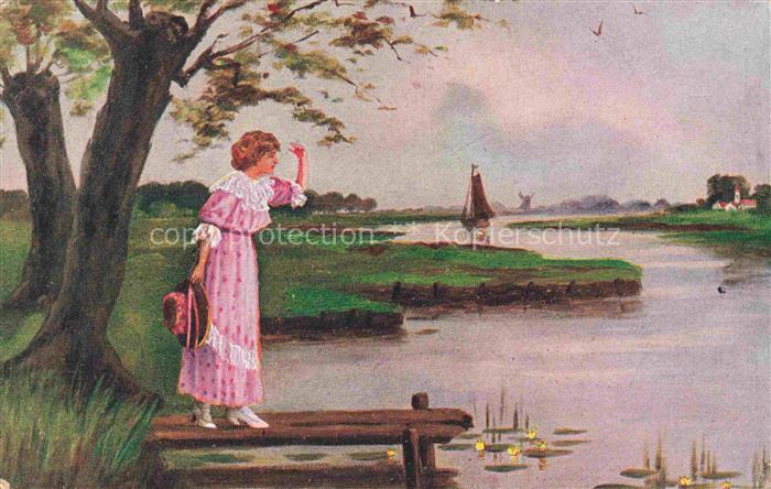 HERMANNS C. Kuenstlerkarte die schoene Helmat See Boot Frau